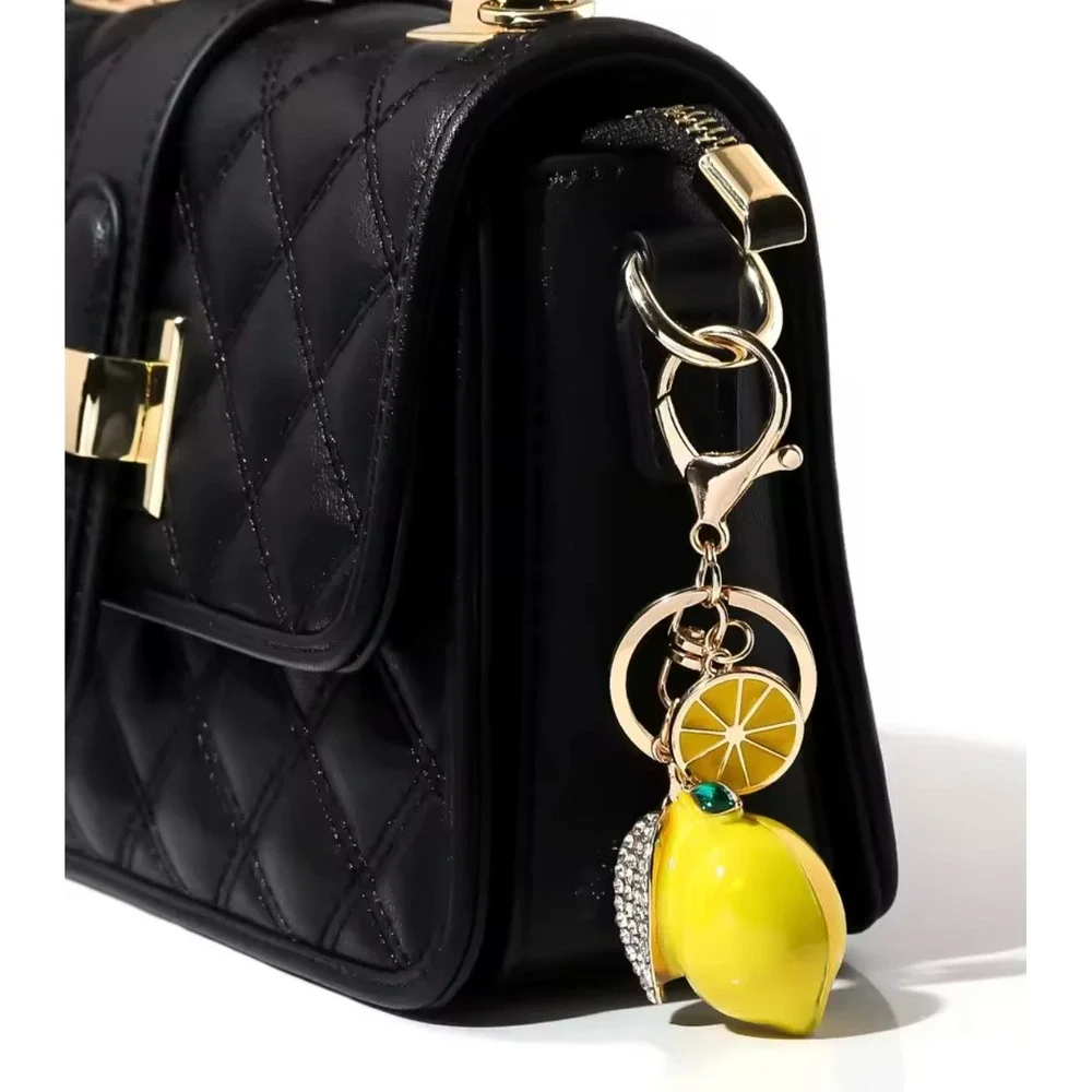 Yellow Lemon Fruit Keychain Rhinestone Leaf Gold Tone Bag Charm Accessory
